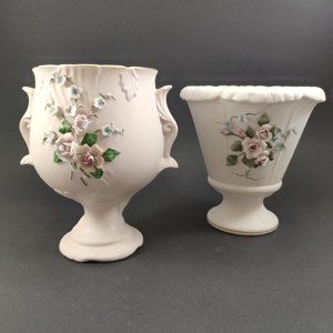 Japan L'Amour China Vases Set of 2, VTG Ceramic Planters Applied Flowers 6"